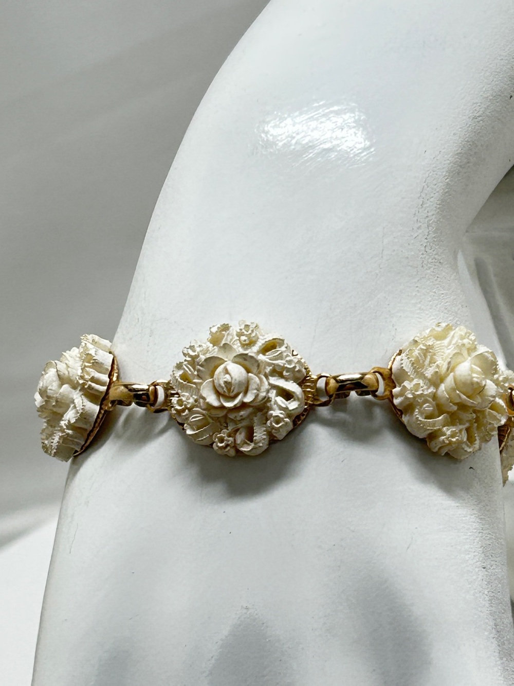 Vintage Gold And White Celluloid Carved Floral Bracelet, 40’s